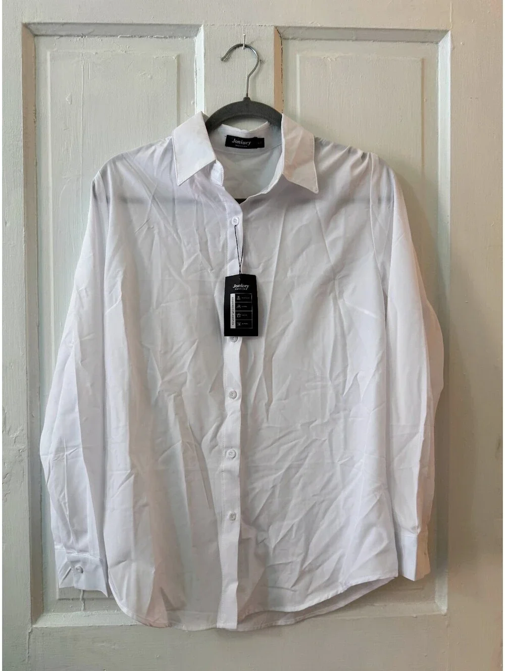 Size Large Jonivey Womens Stretch Button Down Long Sleeve Shirt, White Button Up - Picture 6 of 6